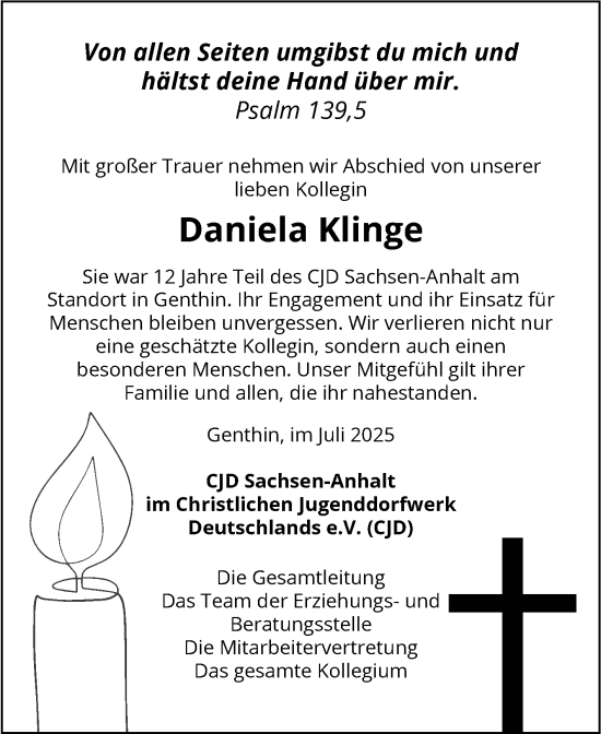 Traueranzeige von Daniela Klinge von Volksstimme Burg/Genthin