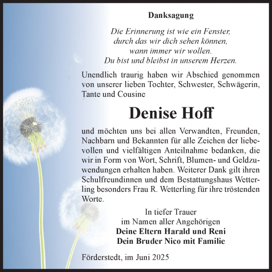 Traueranzeige von Denise Hoff von Volksstimme Staßfurt