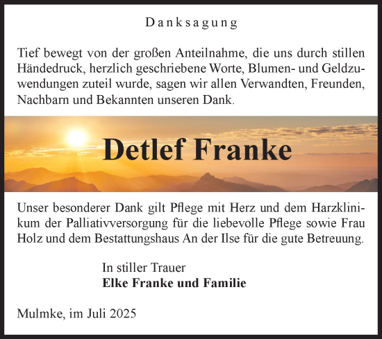 Traueranzeige von Detlef Franke von Volksstimme Wernigerode