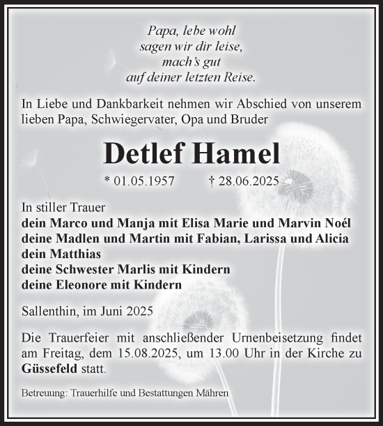 Traueranzeige von Detlef Hamel von Volksstimme Altmark West