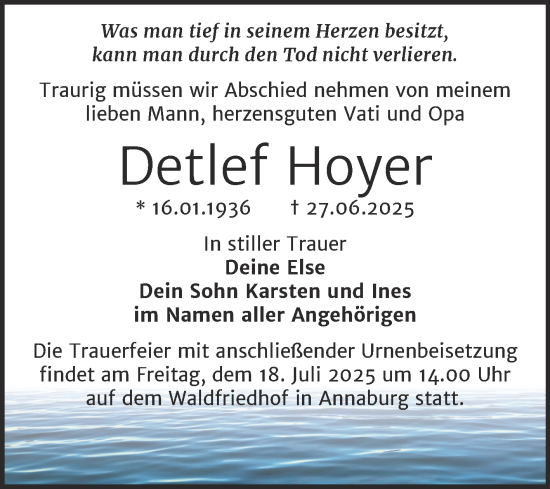 Traueranzeige von Detlef Hoyer von Trauerkombi Wittenberg