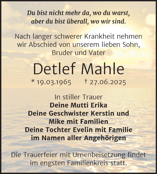 Traueranzeige von Detlef Mahle von Trauerkombi Bitterfeld