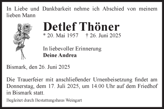 Traueranzeige von Detlef Thöner von Volksstimme Altmark Ost