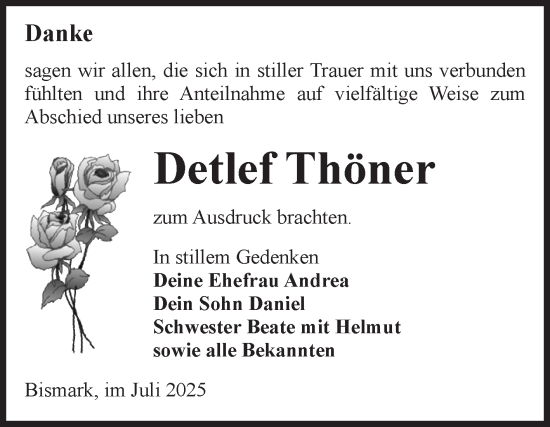 Traueranzeige von Detlef Thöner von Volksstimme Altmark Ost