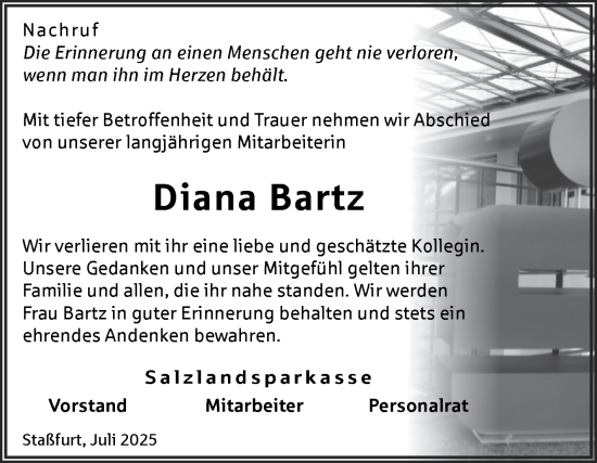 Traueranzeige von Diana Bartz von Volksstimme Schönebeck