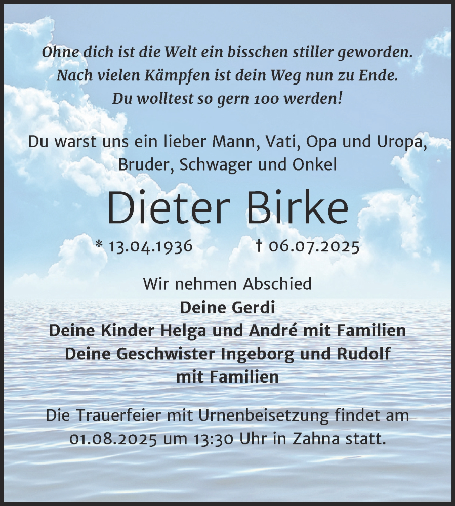  Traueranzeige für Dieter Birke vom 12.07.2025 aus Trauerkombi Wittenberg