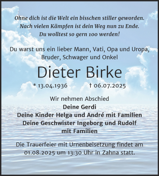 Traueranzeige von Dieter Birke von Trauerkombi Wittenberg