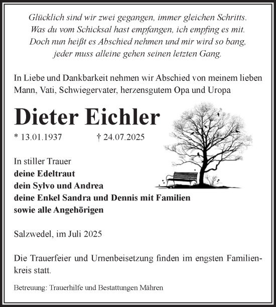 Traueranzeige von Dieter Eichler von Volksstimme Altmark West
