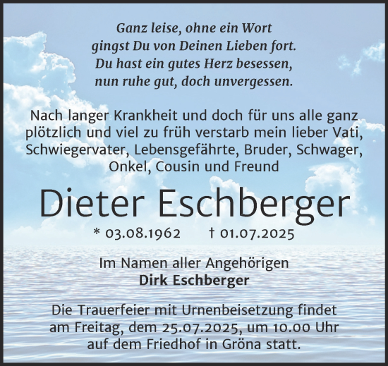 Traueranzeige von Dieter Eschberger von Trauerkombi Bernburg