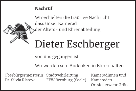 Traueranzeige von Dieter Eschberger von Super Sonntag Bernburg