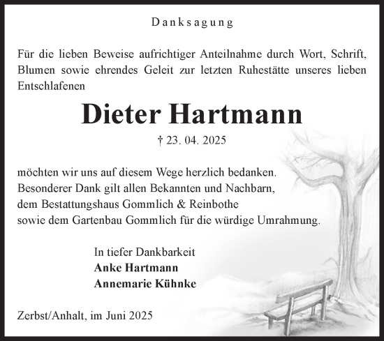 Traueranzeige von Dieter Hartmann von Volksstimme Zerbst