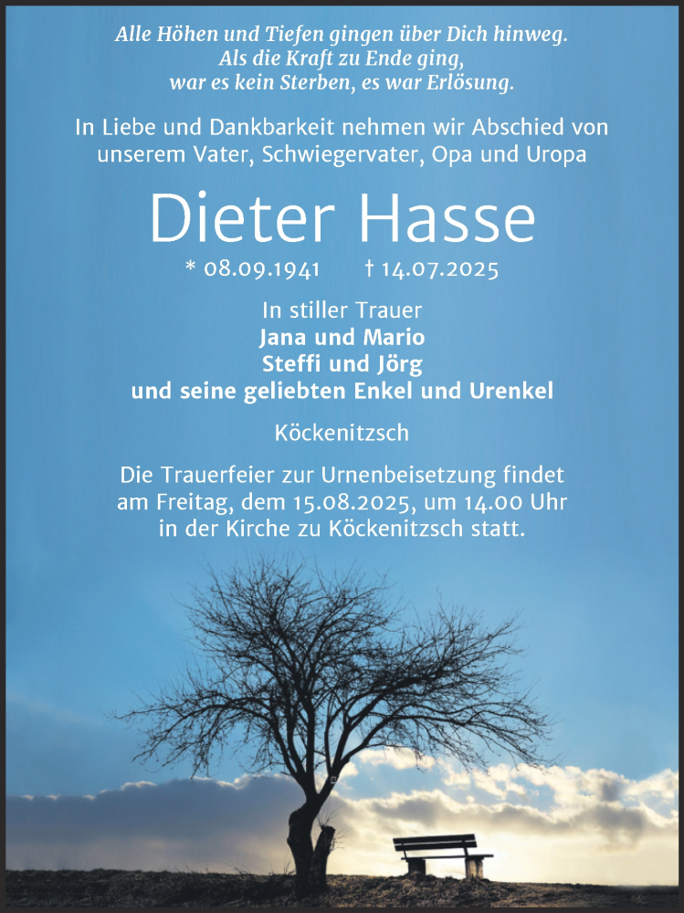  Traueranzeige für Dieter Hasse vom 19.07.2025 aus Super Sonntag Naumburg/Nebra