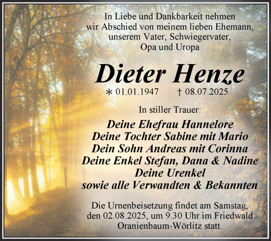 Traueranzeige von Dieter Henze von Trauerkombi Dessau
