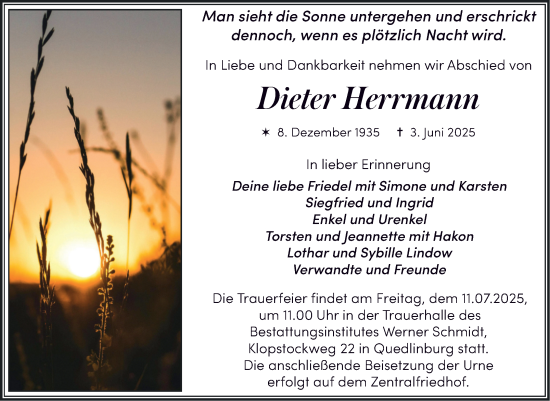 Traueranzeige von Dieter Herrmann von Trauerkombi Quedlinburg