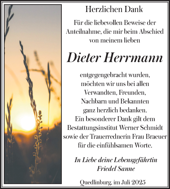 Traueranzeige von Dieter Herrmann von Trauerkombi Quedlinburg
