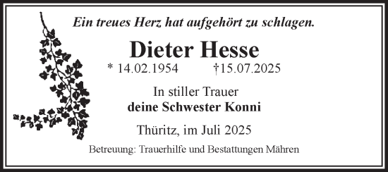 Traueranzeige von Dieter Hesse von Volksstimme Altmark West
