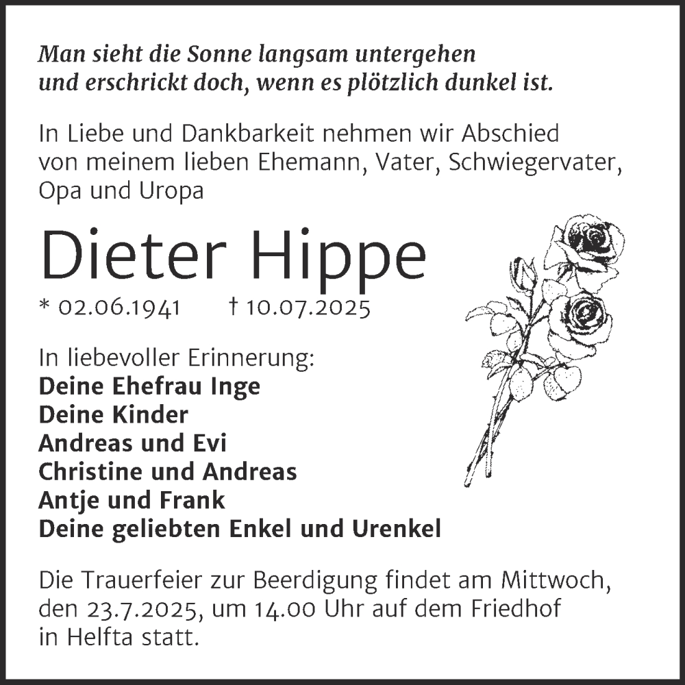  Traueranzeige für Dieter Hippe vom 19.07.2025 aus Trauerkombi Mansfelder Land