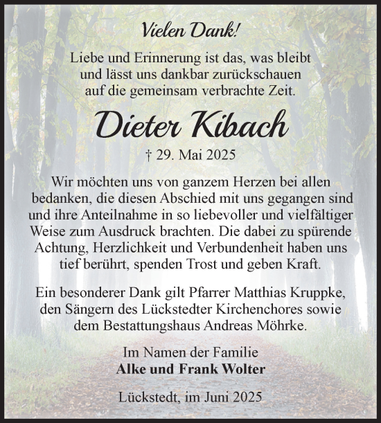 Traueranzeige von Dieter Kibach von Volksstimme Altmark Ost