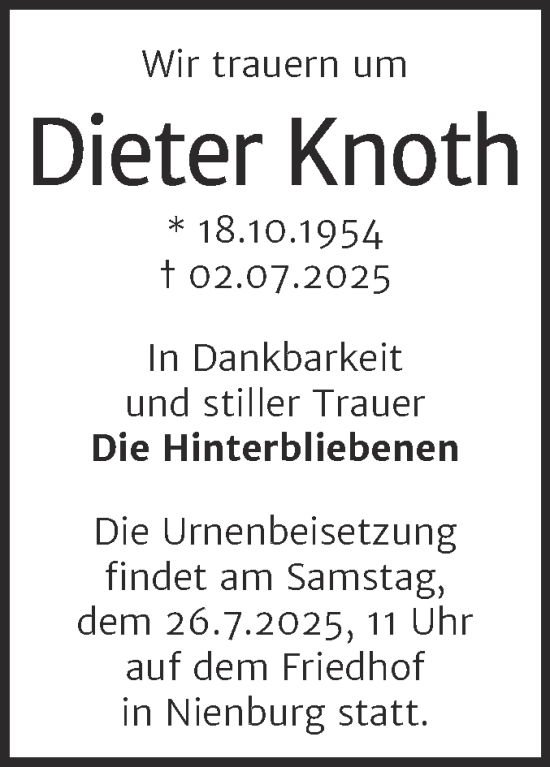 Traueranzeige von Dieter Knoth von Trauerkombi Bernburg