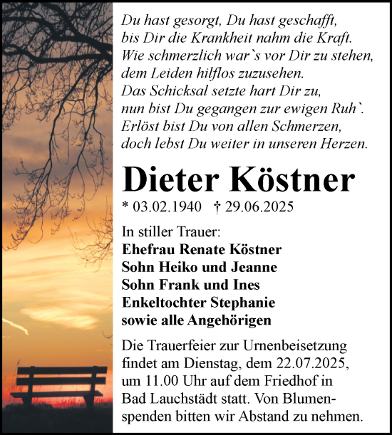 Traueranzeige von Dieter Köstner von Trauerkombi Merseburg