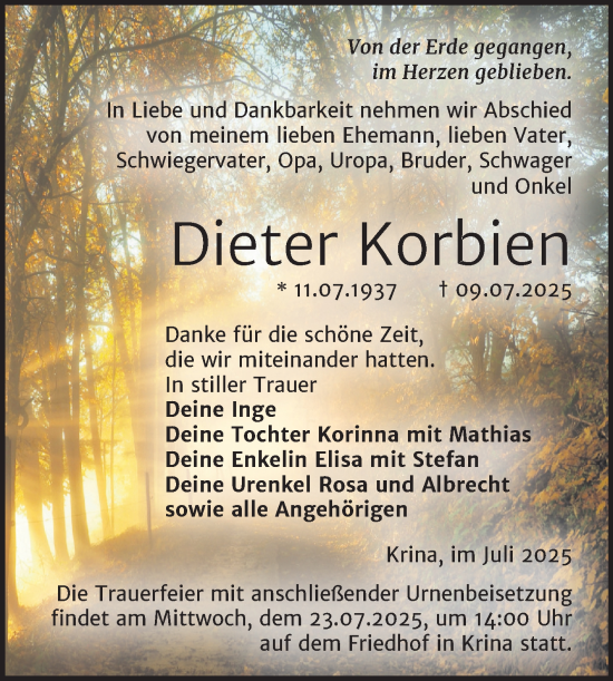 Traueranzeige von Dieter Korbien von Trauerkombi Bitterfeld