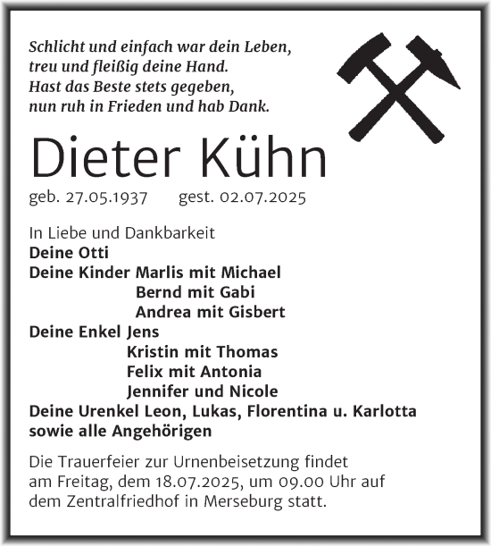 Traueranzeige von Dieter Kühn von Trauerkombi Merseburg