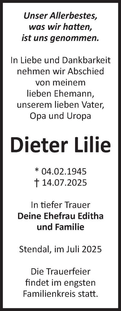 Traueranzeige von Dieter Lilie von Volksstimme Altmark Ost
