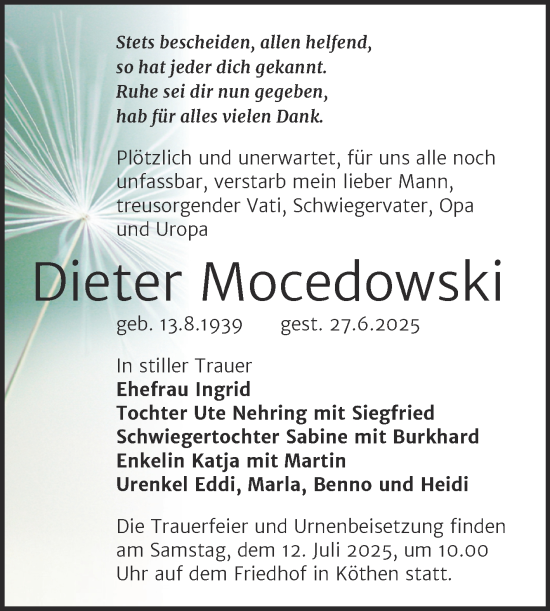 Traueranzeige von Dieter Mocedowski von Trauerkombi Köthen
