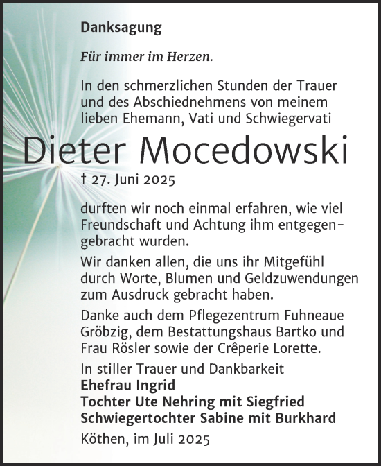 Traueranzeige von Dieter Mocedowski von Trauerkombi Köthen