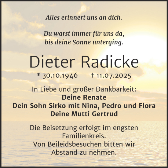 Traueranzeige von Dieter Radicke von Trauerkombi Aschersleben