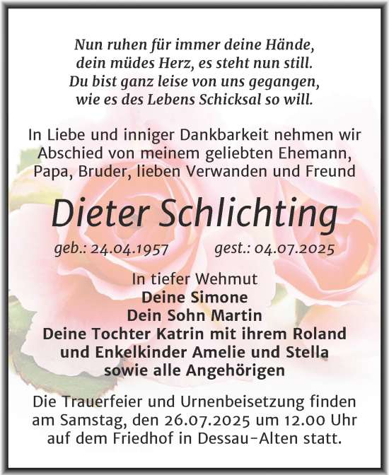 Traueranzeige von Dieter Schlichting von Trauerkombi Dessau