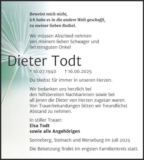Traueranzeige von Dieter Todt von Trauerkombi Zeitz