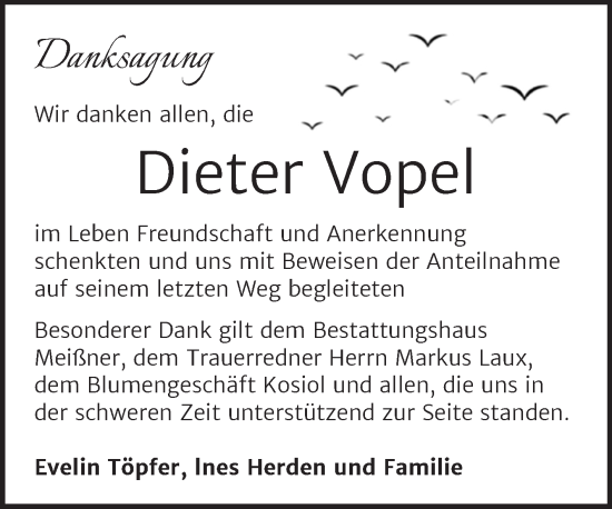Traueranzeige von Dieter Vopel von Trauerkombi Mansfelder Land