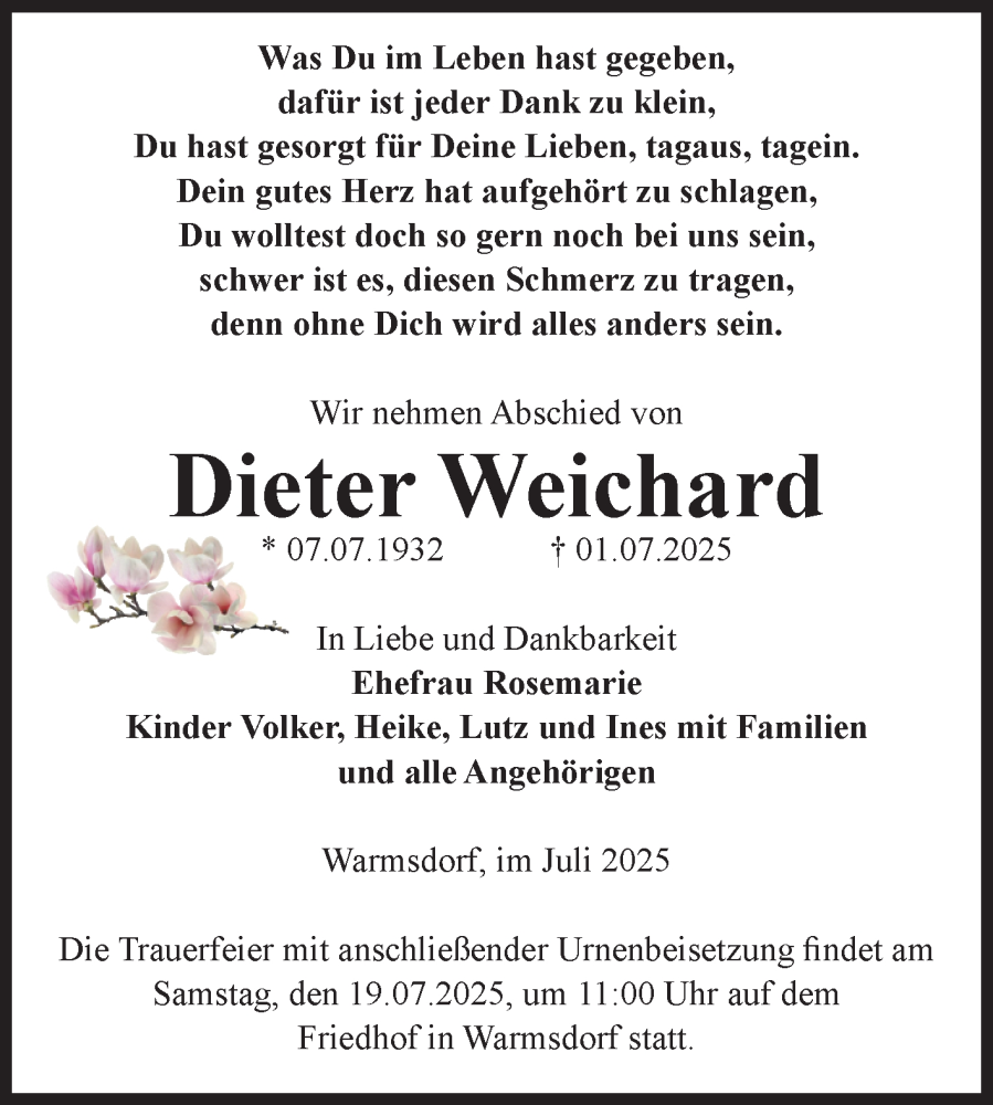  Traueranzeige für Dieter Weichard vom 12.07.2025 aus 
