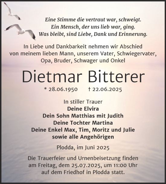 Traueranzeige von Dietmar Bitterer von Trauerkombi Bitterfeld