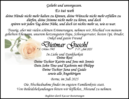 Traueranzeige von Dietmar Guschl von Volksstimme Staßfurt