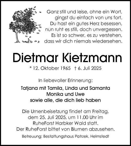Traueranzeige von Dietmar Kietzmann von Volksstimme Haldensleben/Wolmirstedt