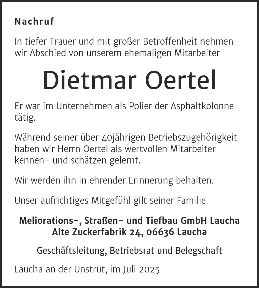  Traueranzeige für Dietmar Oertel vom 19.07.2025 aus Naumburger Tageblatt
