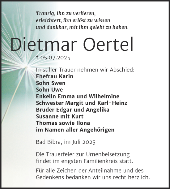 Traueranzeige von Dietmar Oertel von Naumburger Tageblatt