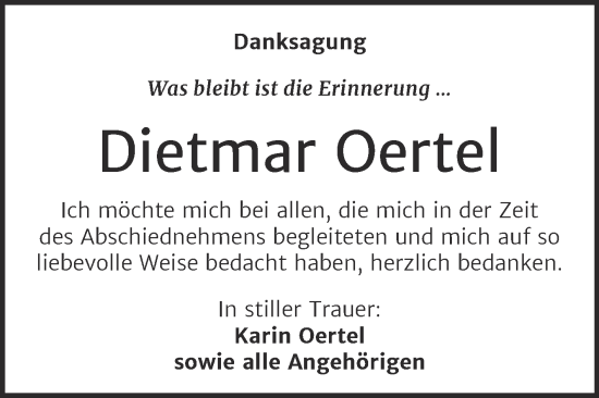 Traueranzeige von Dietmar Oertel von Naumburger Tageblatt