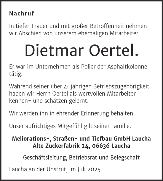 Traueranzeige von Dietmar Oertel von Super Sonntag Naumburg/Nebra