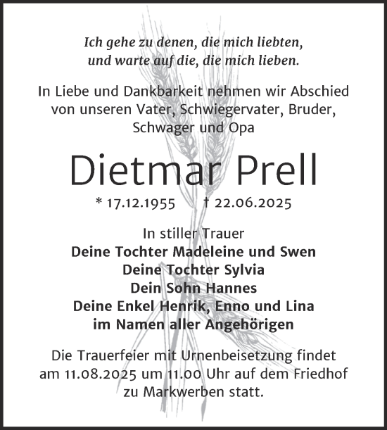 Traueranzeige von Dietmar Prell von Trauerkombi Weißenfels