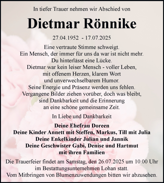 Traueranzeige von Dietmar Rönnike von Trauerkombi Bitterfeld