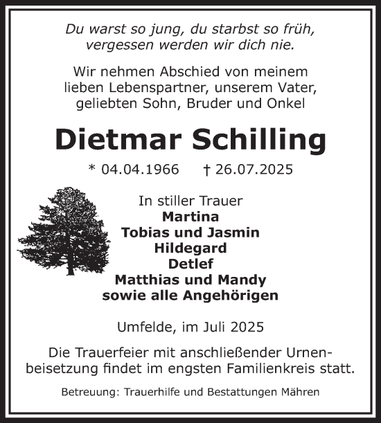 Traueranzeige von Dietmar Schilling von Volksstimme Altmark West