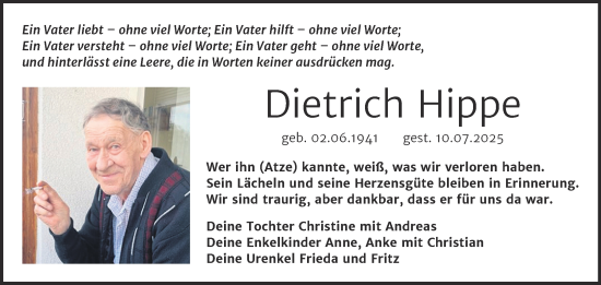 Traueranzeige von Dietrich Hippe von Trauerkombi Mansfelder Land