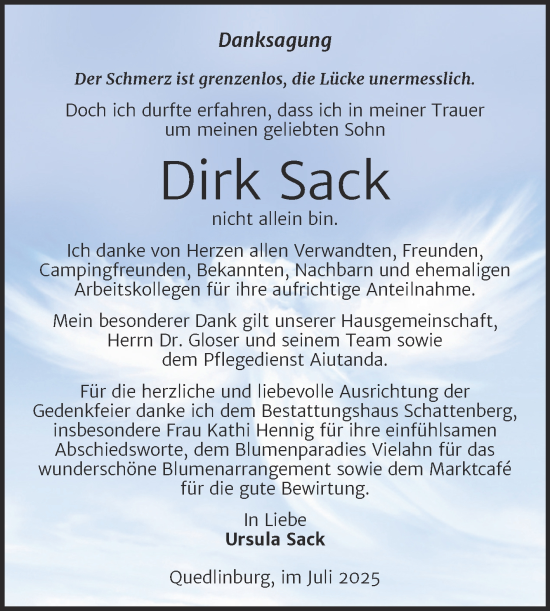 Traueranzeige von Dirk Sack von Trauerkombi Quedlinburg