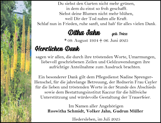 Traueranzeige von Ditha Jahn von Trauerkombi Quedlinburg