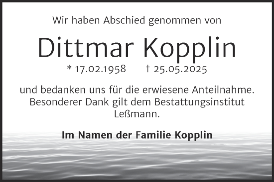 Traueranzeige von Dittmar Kopplin von Trauerkombi Wittenberg
