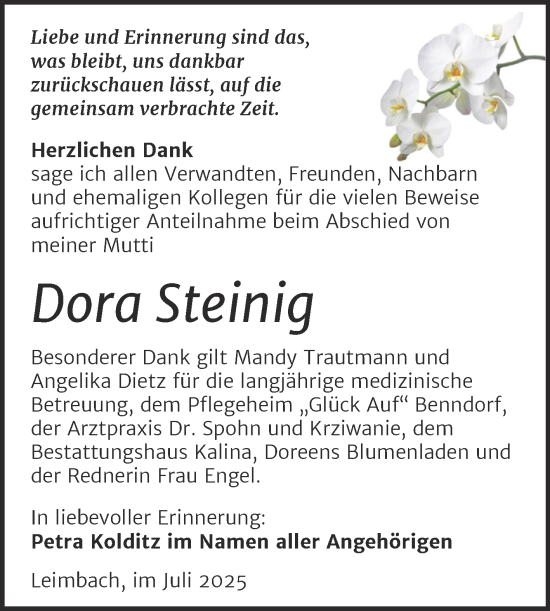 Traueranzeige von Dora Steinig von Trauerkombi Mansfelder Land