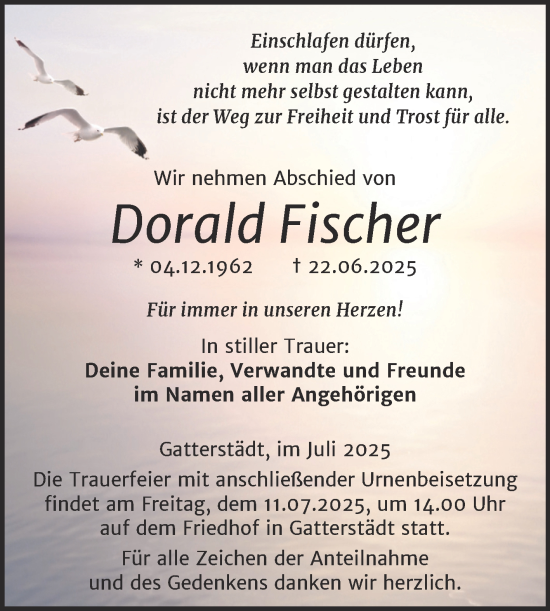 Traueranzeige von Dorald Fischer von Trauerkombi Merseburg